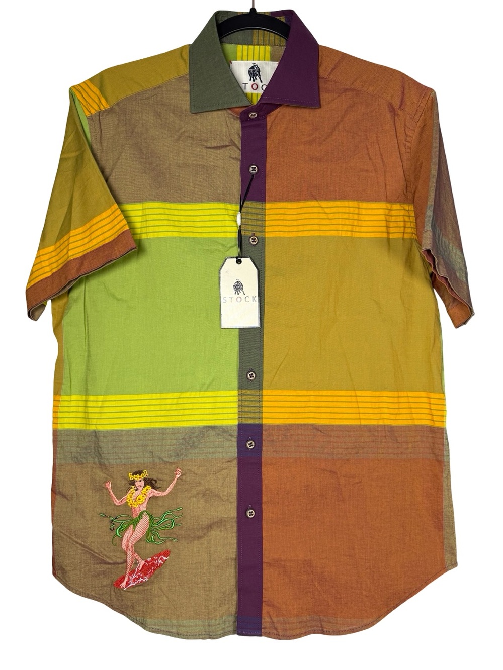 STOCK Oberoi Shirt Sz Medium Hula Girl Colorblock Resort Aloha Vacation NWT $248